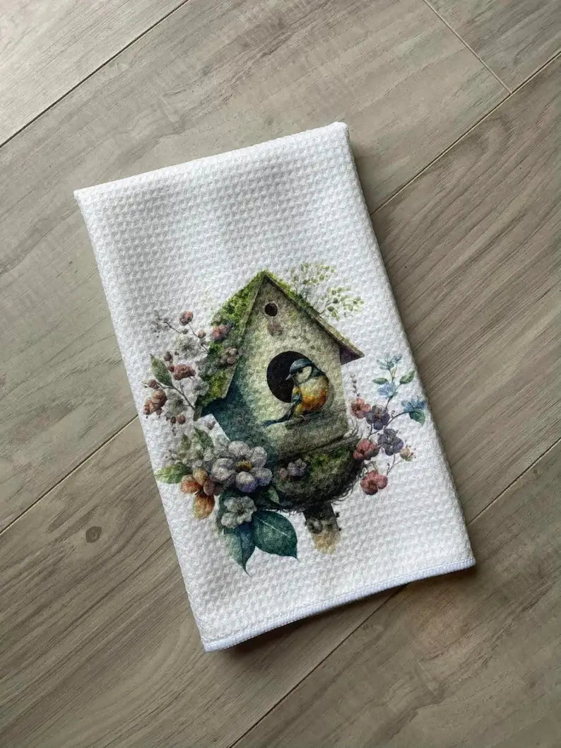 Bird House Flowers Waffle Weave Dish Towel Tea Towel