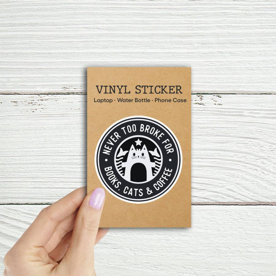 Books, Cats, Coffee 3" Laptop Water Bottle Sticker