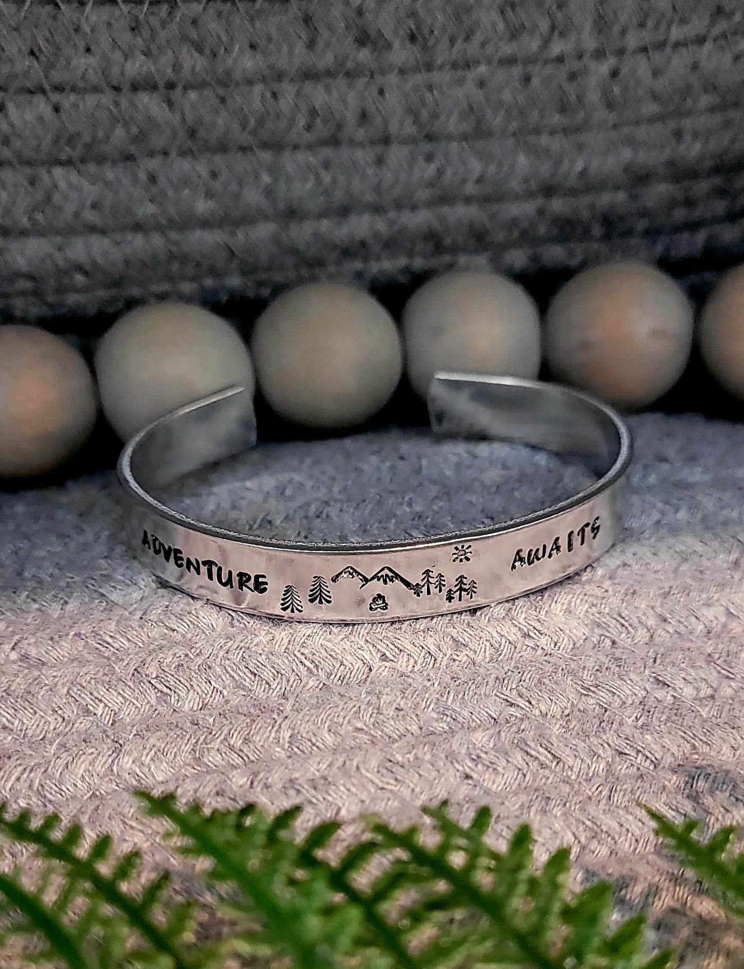 Hand stamped adventure awaits w/ mountain aluminum cuff