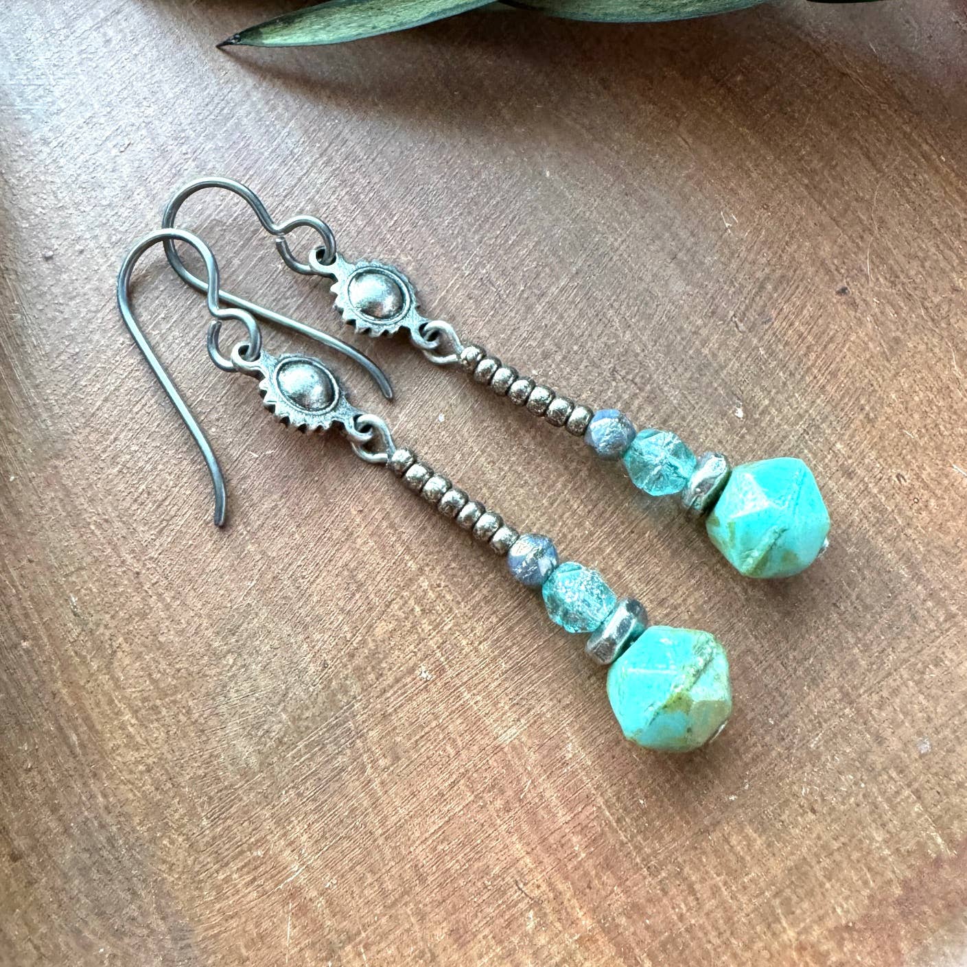 Long Silver Gypsy Earrings Turquoise Aqua Glass Beach Beads