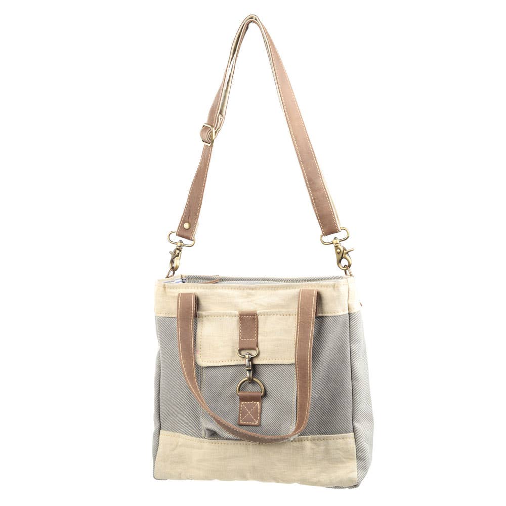 Grey And Cream Mixed Fabric Canvas Crossbody Bag