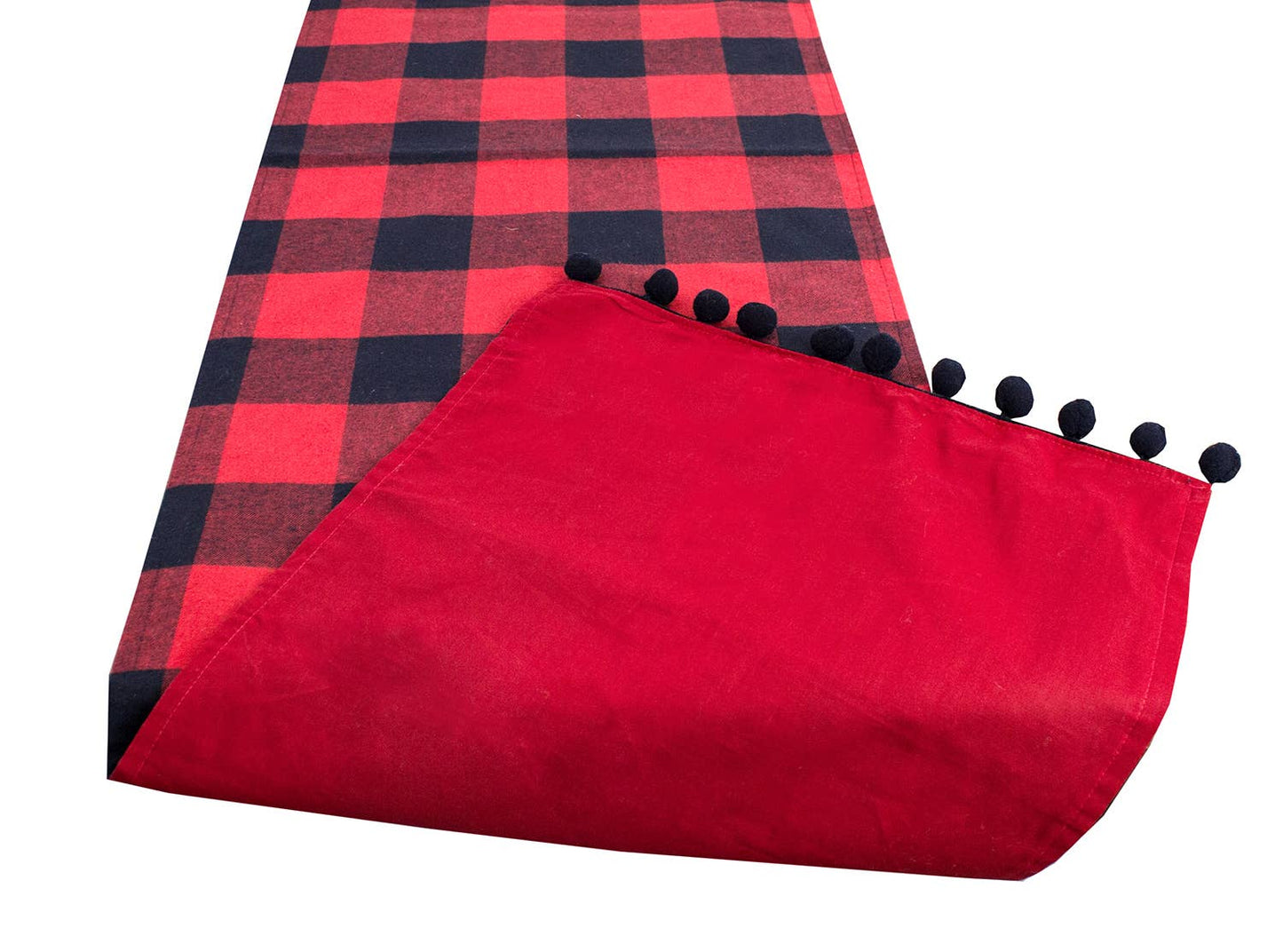 Buffalo Plaid Red Black Velvet Pom Pom Trim Table Runner