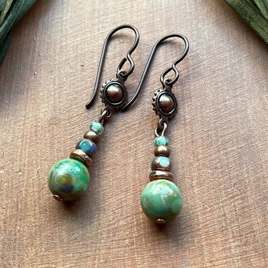 Earthy Boho Earrings Rustic Copper Turquoise Glass & Niobium