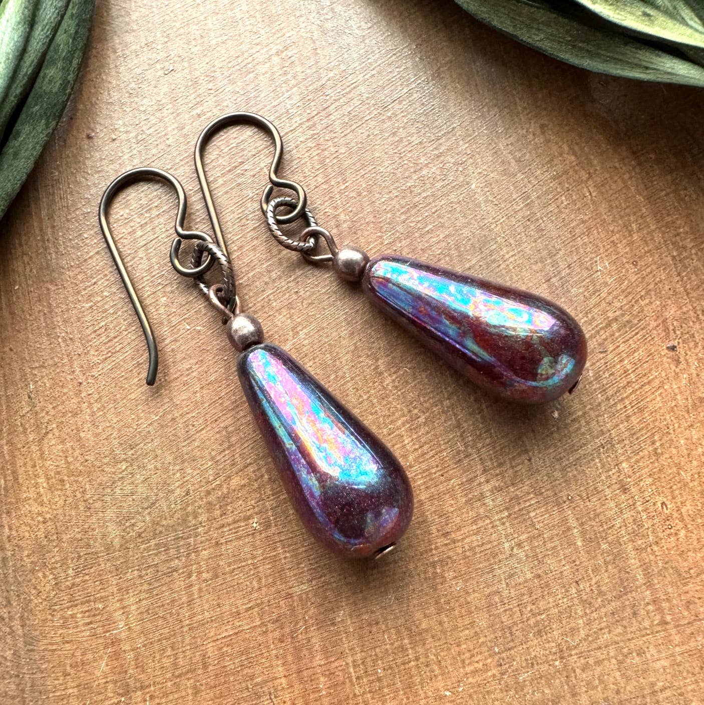 Mystic Purple Glass Teardrop Earrings Copper & Niobium Wires