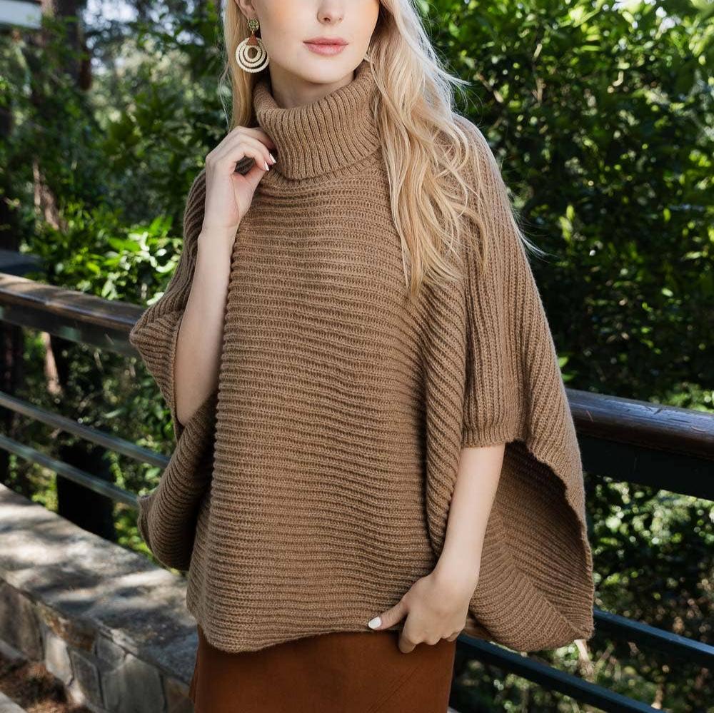 Turtleneck Ribbed Knit Poncho w/ Armholes