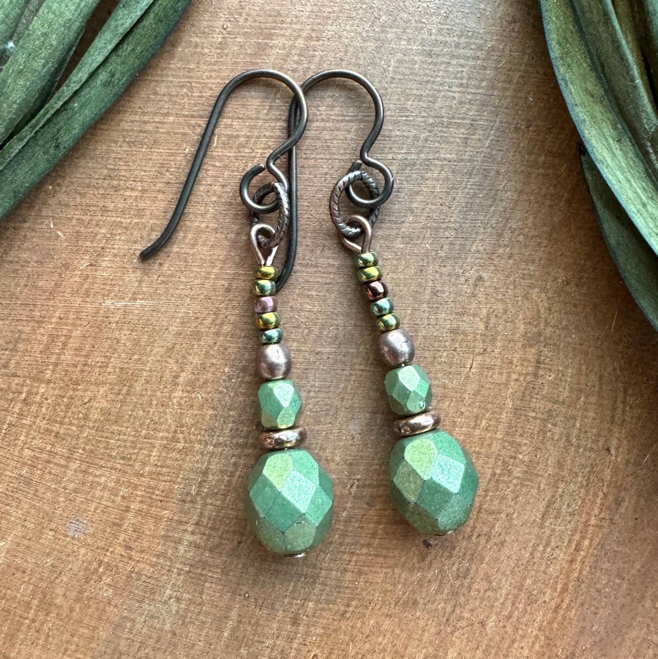 Long Dangle Earrings Fern Green Copper Glass Hypoallergenic