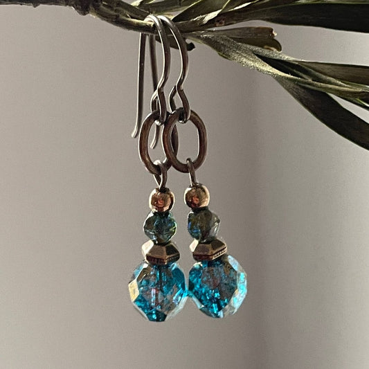 Teal & Bronze Stacked Bead Earrings - Czech Glass & Niobium