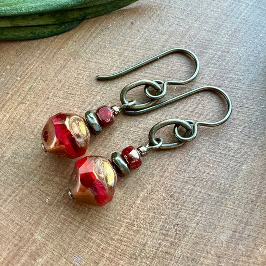 Red Bronze Dangle Earrings Baroque Cut Czech Glass Stacked