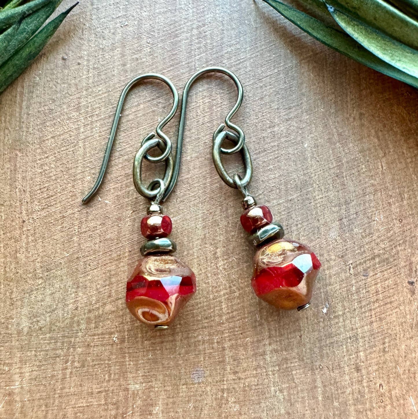 Red Bronze Dangle Earrings Baroque Cut Czech Glass Stacked