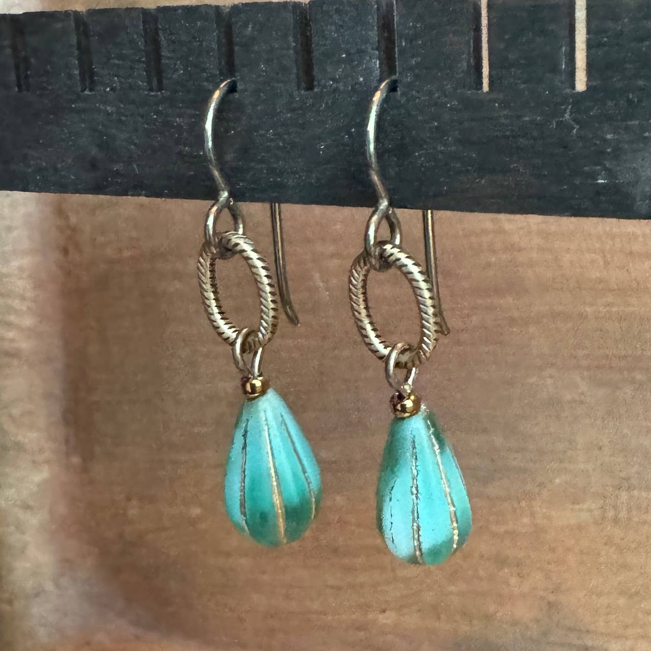 Teardrop Earrings Milky Aqua Swirl Czech Glass Gold Embossed