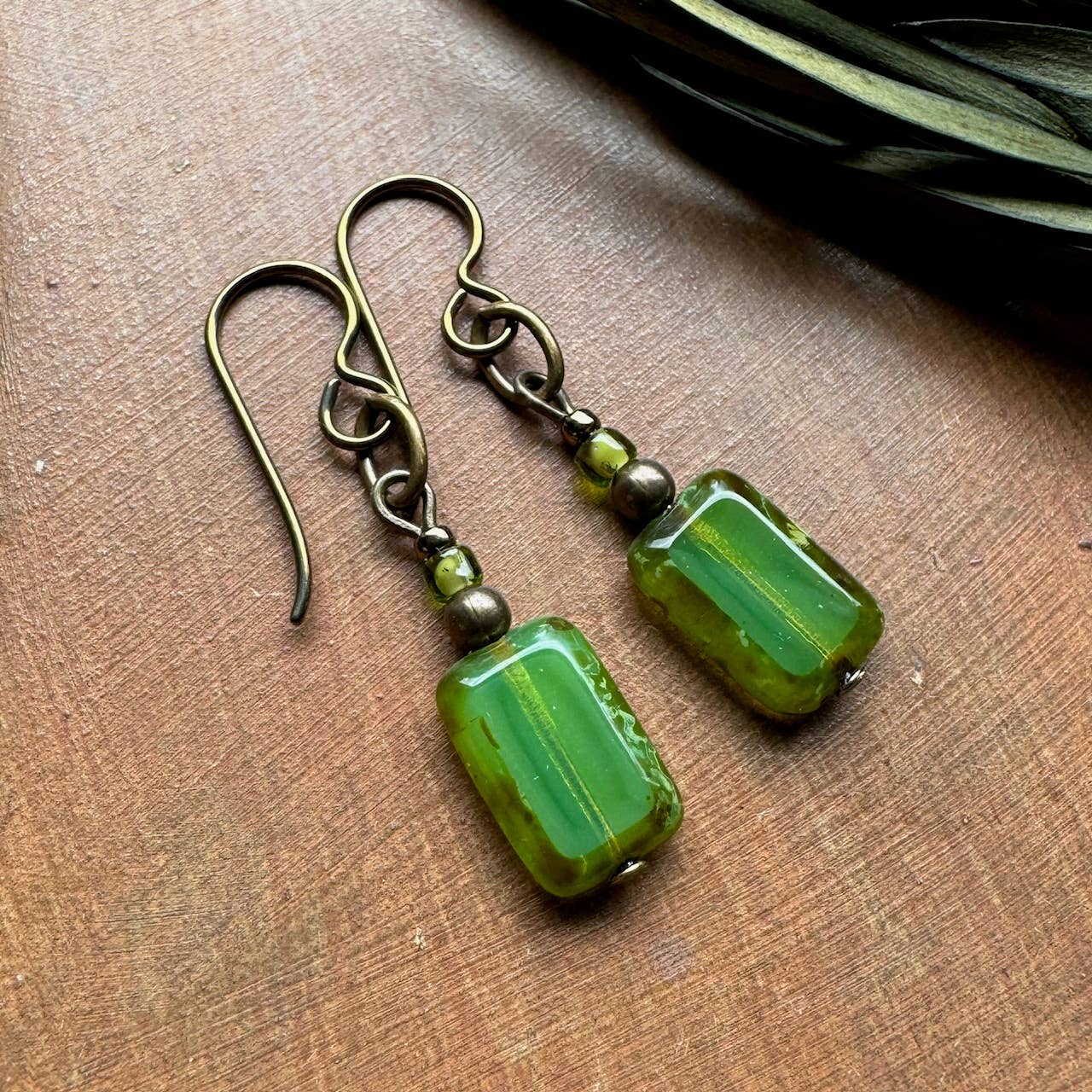 Earthy Green Tile Bead Earrings Rustic Dangle Rectangles