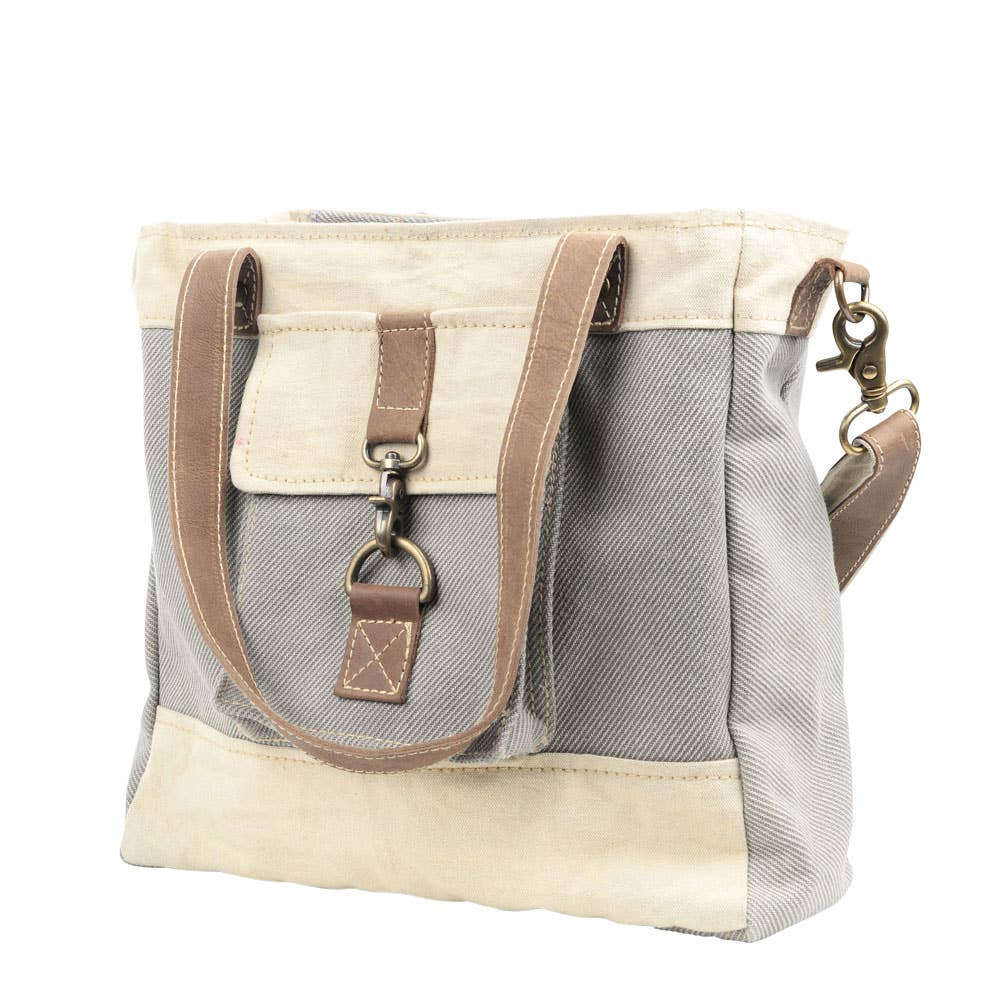 Grey And Cream Mixed Fabric Canvas Crossbody Bag