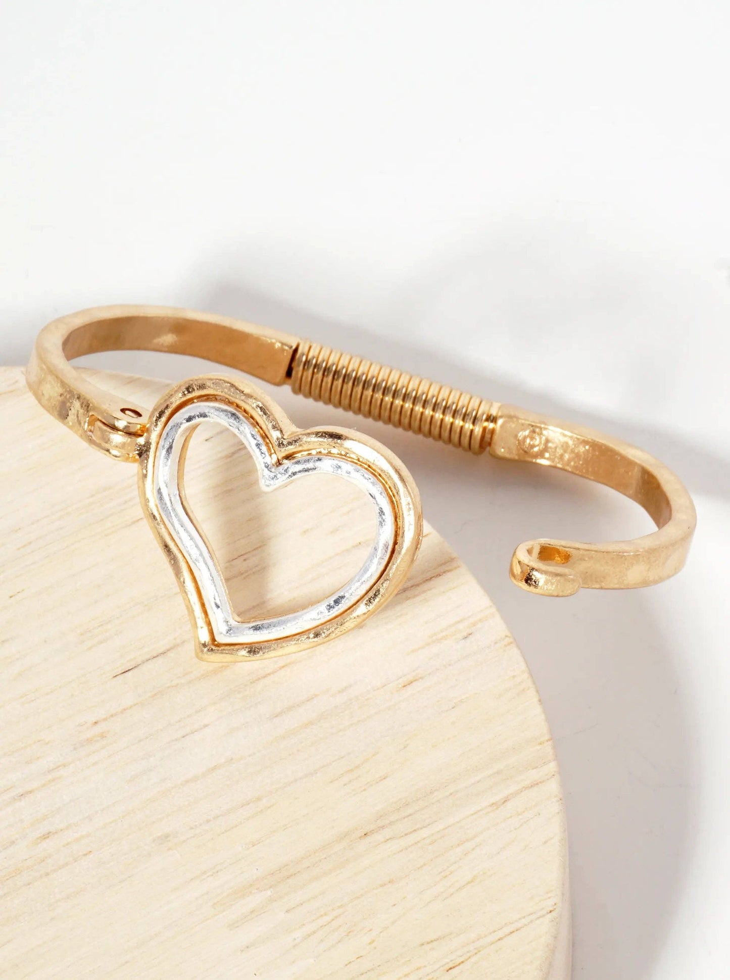 Hammered Metal Dual-Tone Heart Hook-Clasp Bracelet