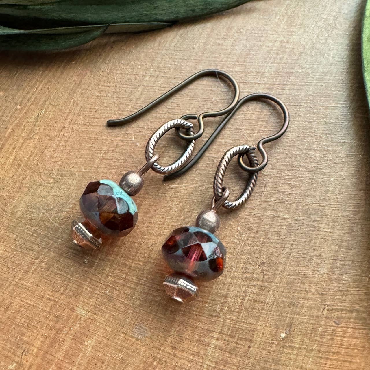 Rustic Drop Earrings Berry Czech Glass Copper Niobium Wires