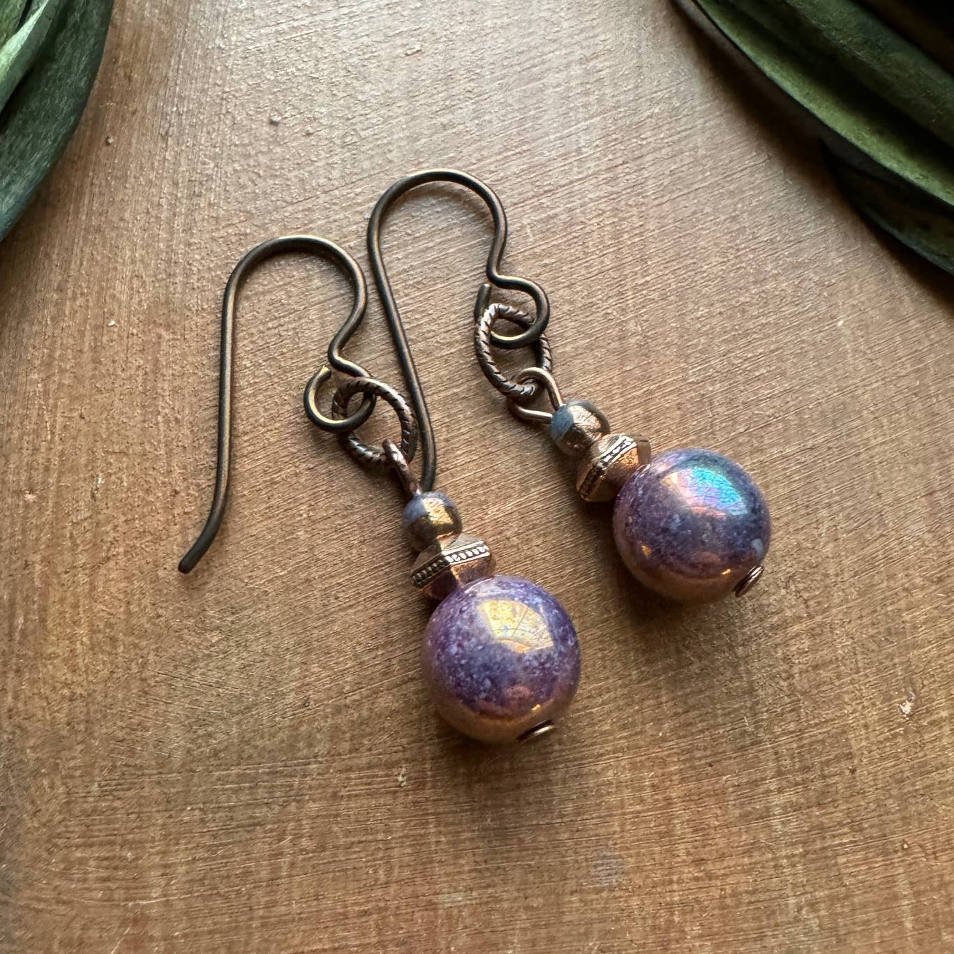 Lilac Iris Purple Czech Glass Copper Dangle Drop Earrings