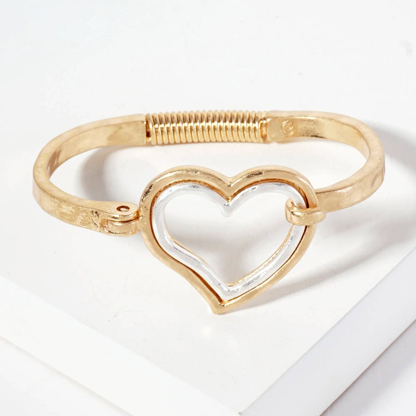 Hammered Metal Dual-Tone Heart Hook-Clasp Bracelet
