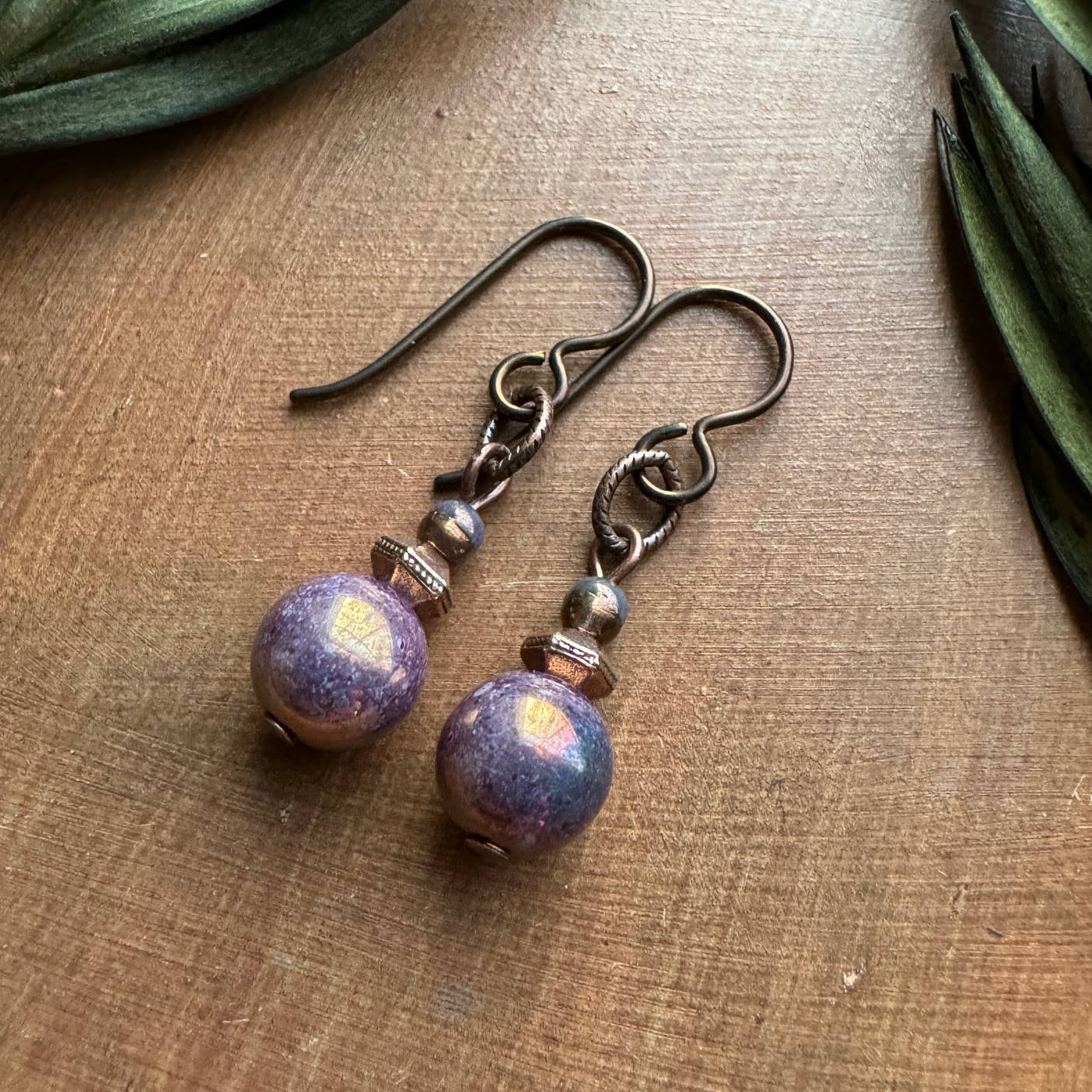 Lilac Iris Purple Czech Glass Copper Dangle Drop Earrings