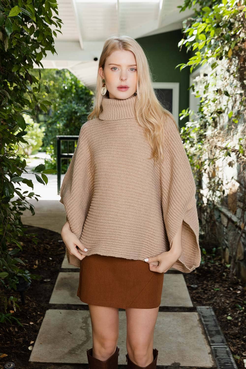 Turtleneck Ribbed Knit Poncho w/ Armholes