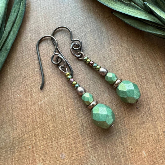 Long Dangle Earrings Fern Green Copper Glass Hypoallergenic