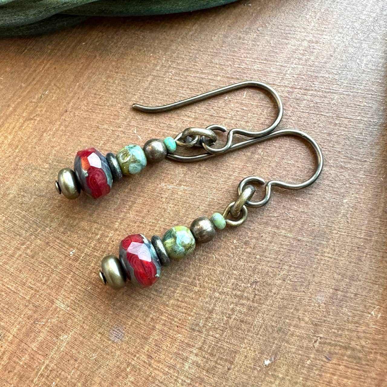 Earthy Red Earrings Green & Brass Bead Drop Rustic Jewelry