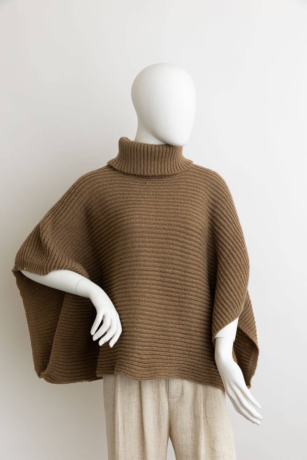 Turtleneck Ribbed Knit Poncho w/ Armholes