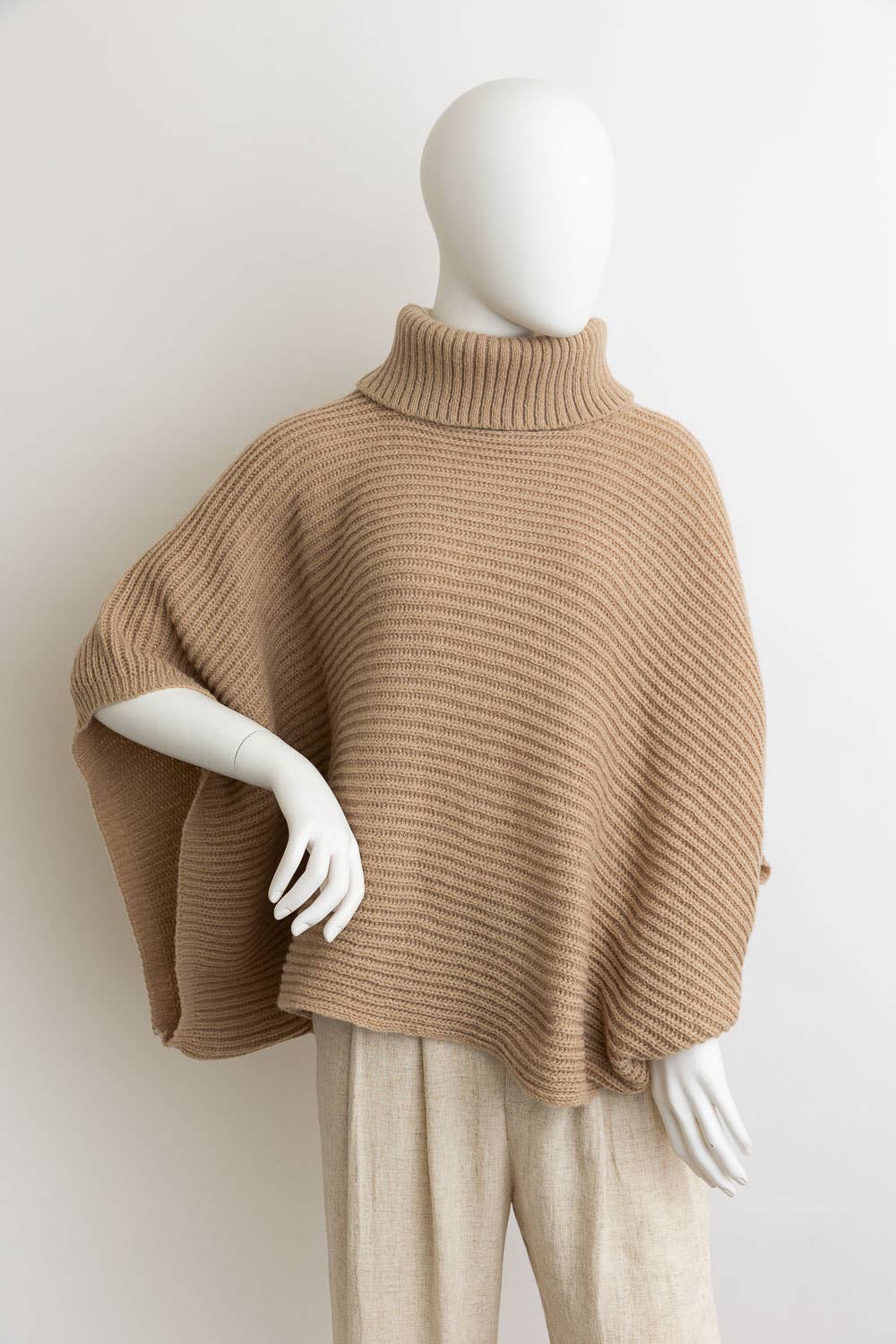 Turtleneck Ribbed Knit Poncho w/ Armholes