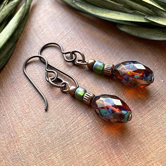 Root Beer Drop Bead Earrings Rustic Copper Aqua Niobium