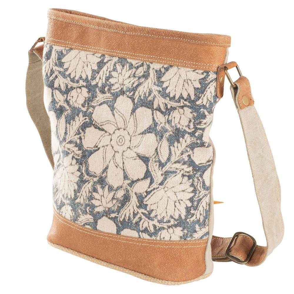 Blue Canvas With Flowers Crossbody