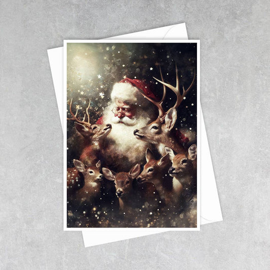 Vintage Santa Claus and Reindeer Greeting Card