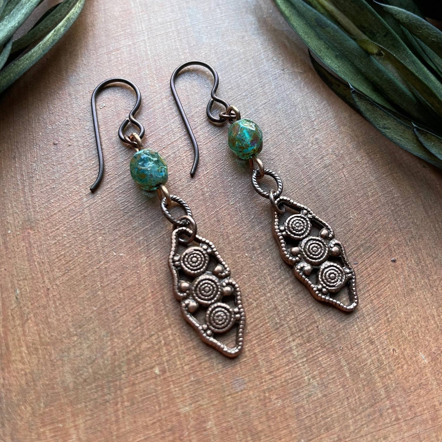 Earthy Teal Picasso Old World Filigree Earrings Niobium Wire