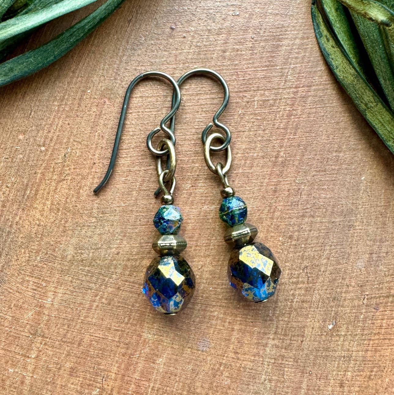 Capri Blue Dangle Earthy Earrings Czech Glass Antiqued Brass