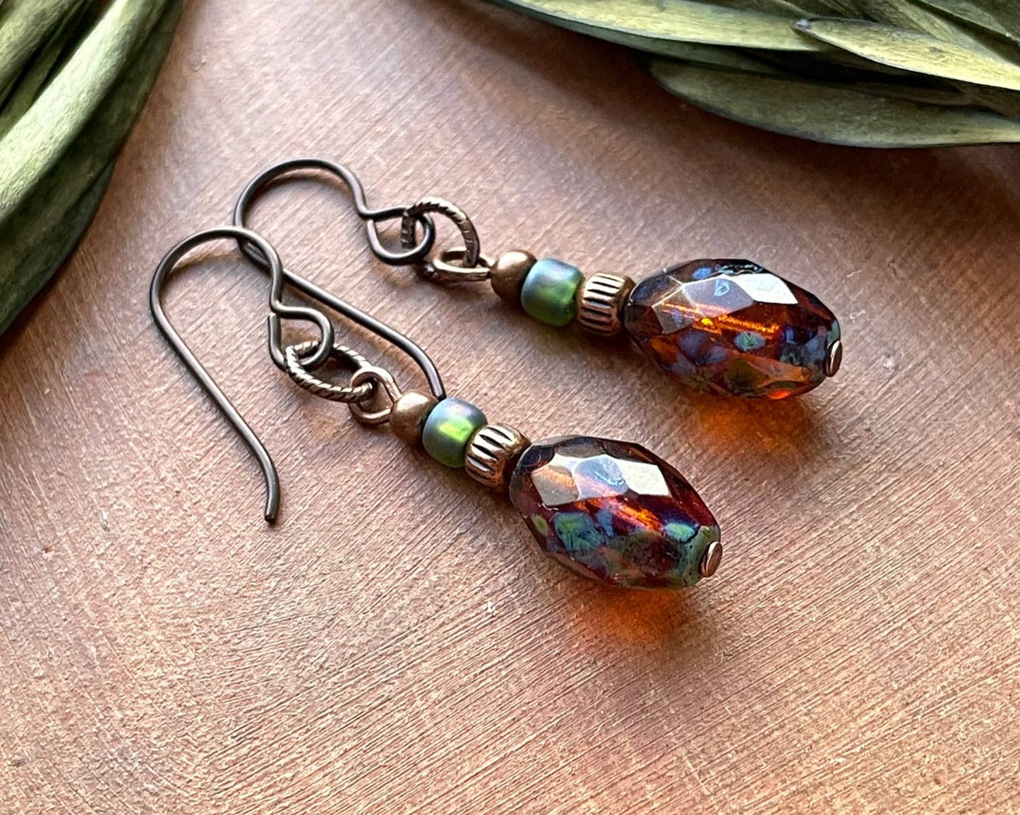 Root Beer Drop Bead Earrings Rustic Copper Aqua Niobium