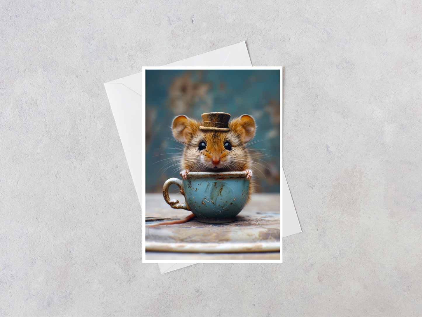 Mouse in Aqua Vintage China Teacup Blank Card