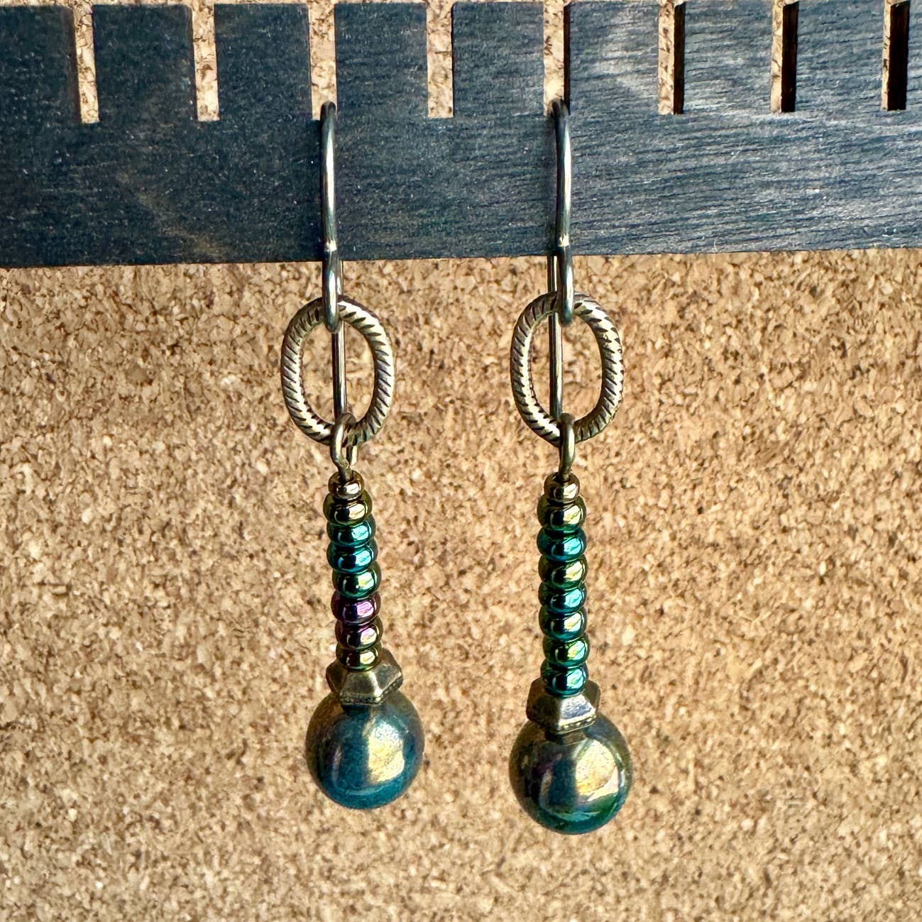 Long Ornament Earrings Teal Glass & Brass Loop Swingy Dangle