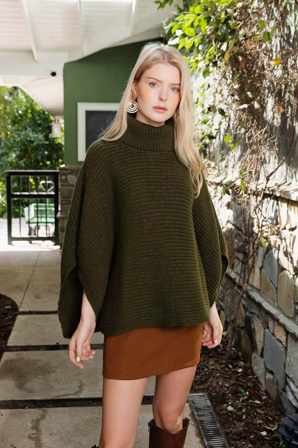 Turtleneck Ribbed Knit Poncho w/ Armholes