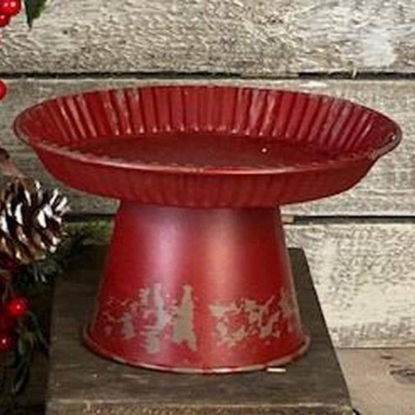 Red Distressed Metal Pie Pan Candle Stand - Small