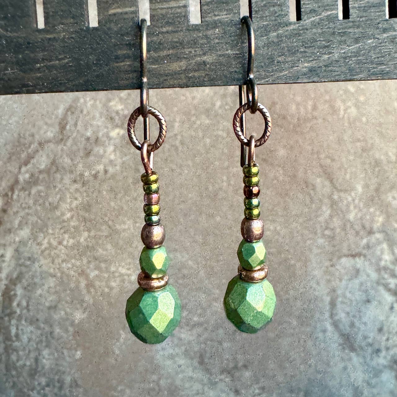 Long Dangle Earrings Fern Green Copper Glass Hypoallergenic