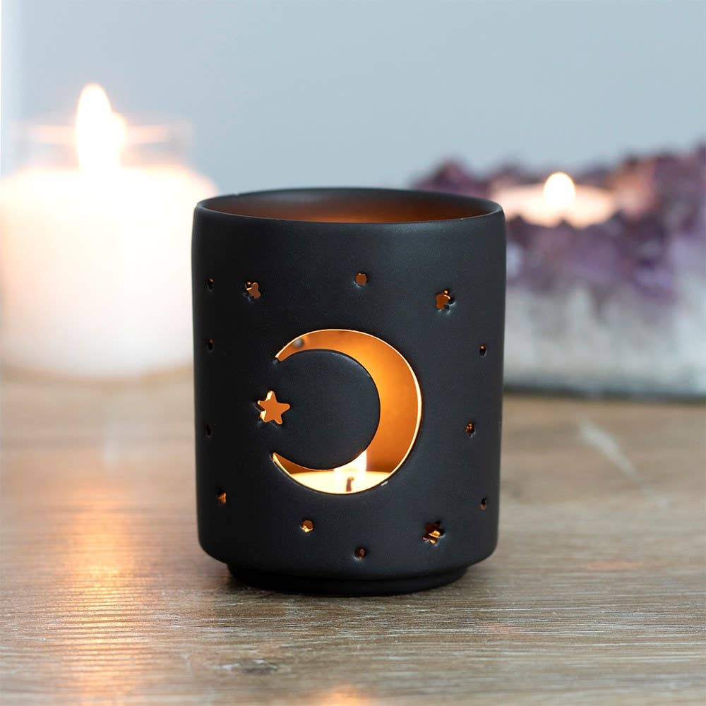 Small Black Mystical Moon Cut Out Tealight Candle Holder