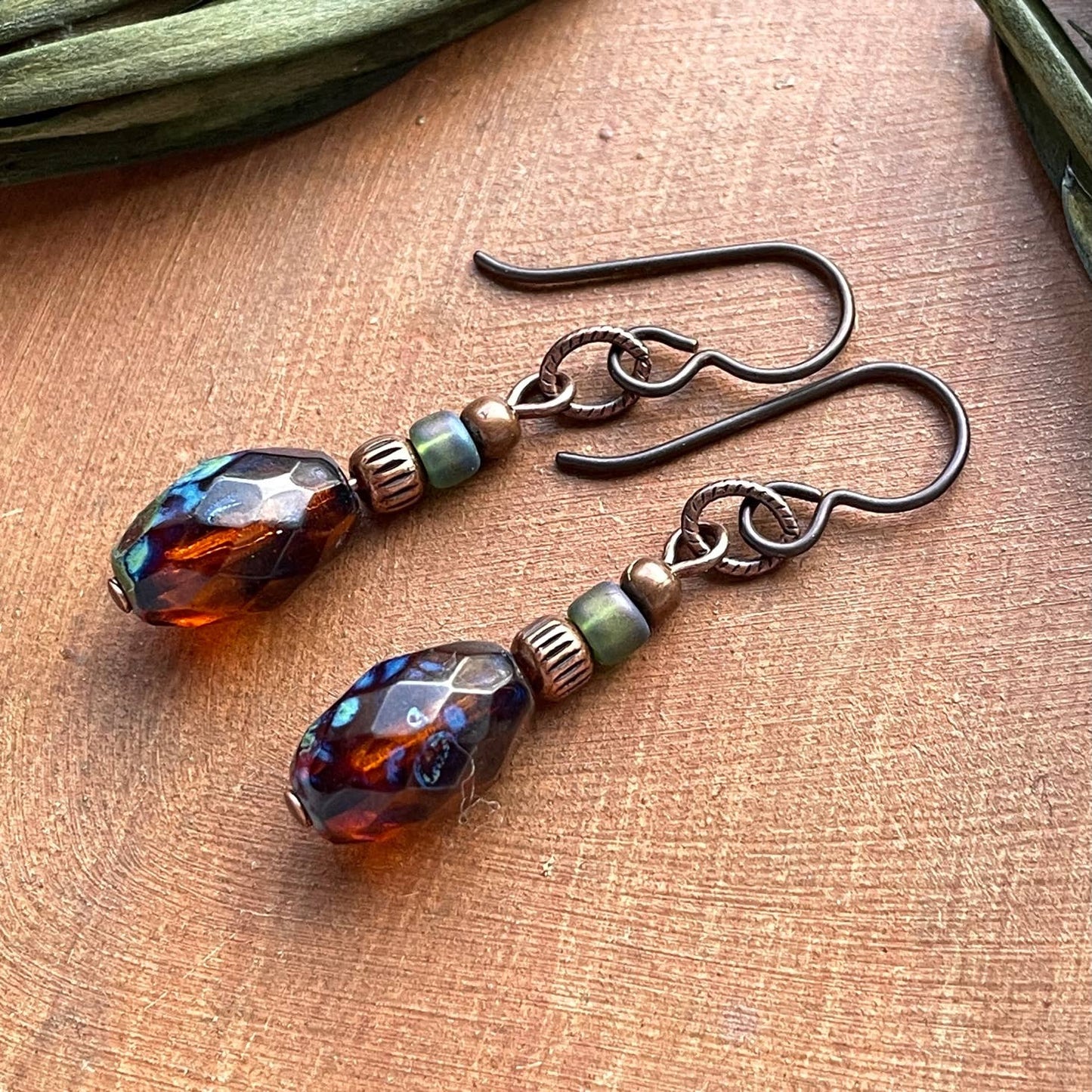 Root Beer Drop Bead Earrings Rustic Copper Aqua Niobium