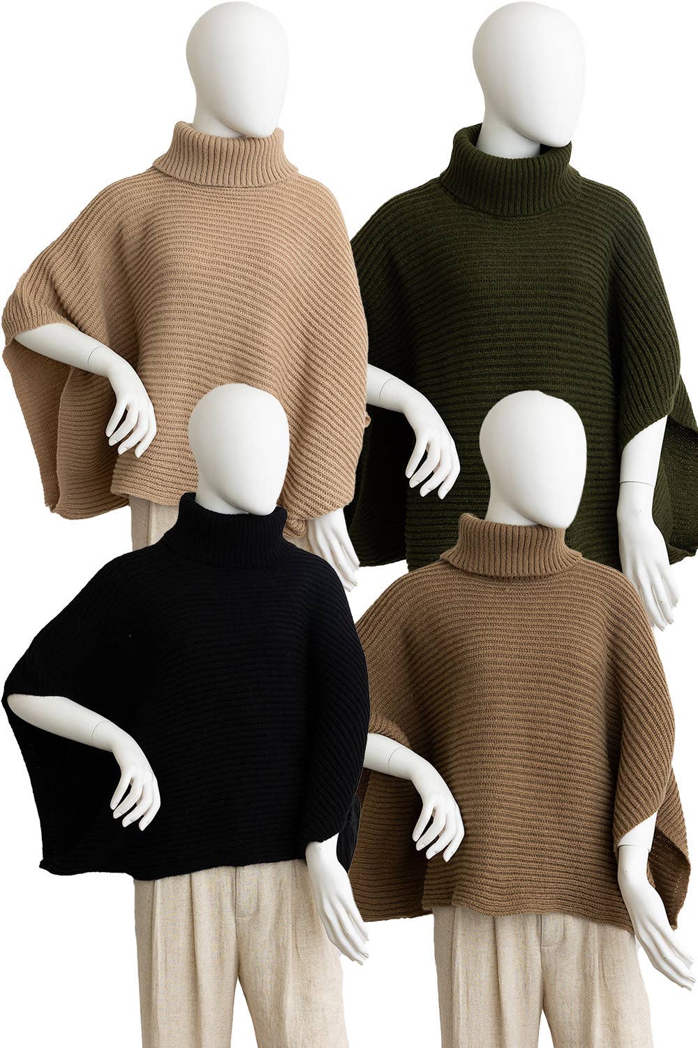 Turtleneck Ribbed Knit Poncho w/ Armholes