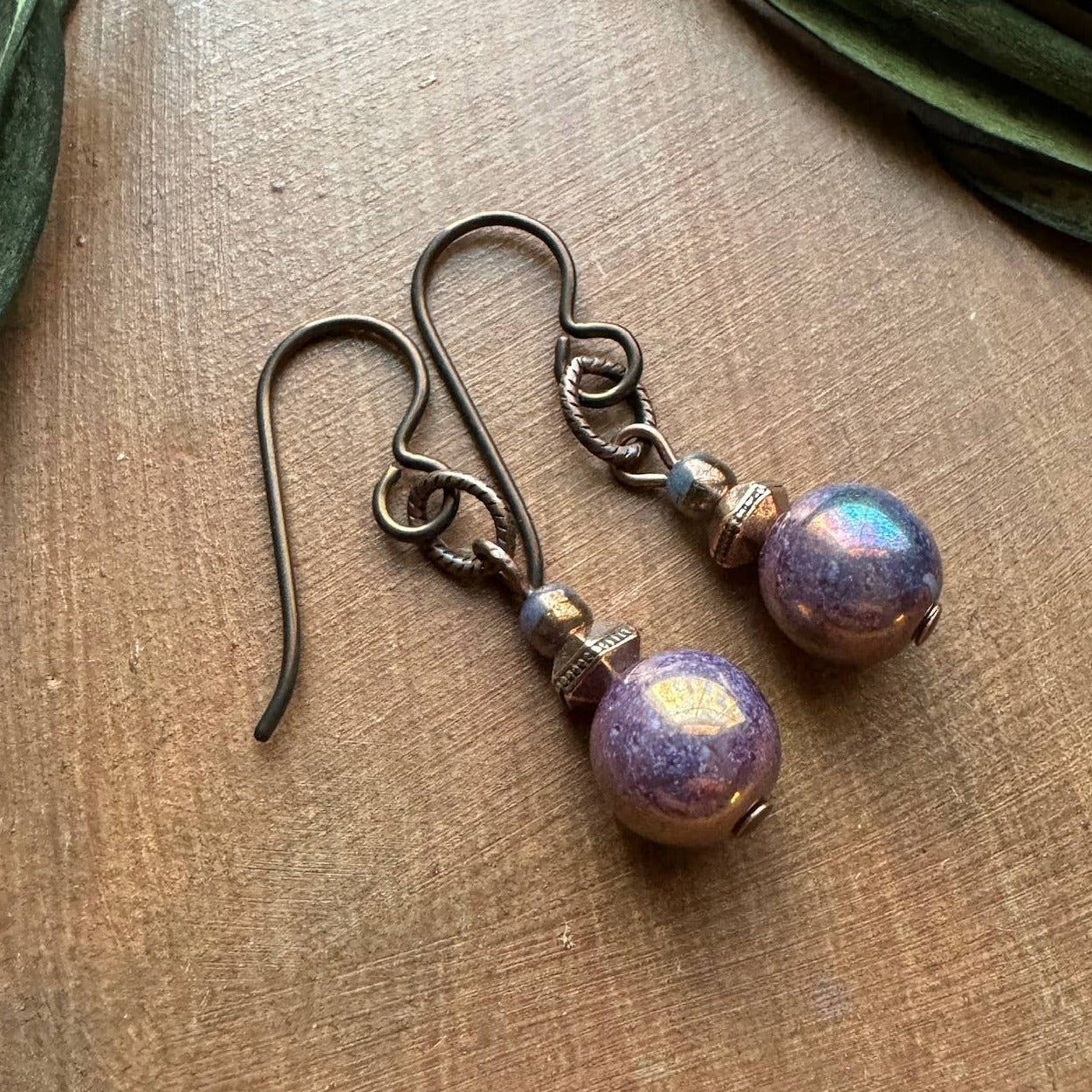 Lilac Iris Purple Czech Glass Copper Dangle Drop Earrings