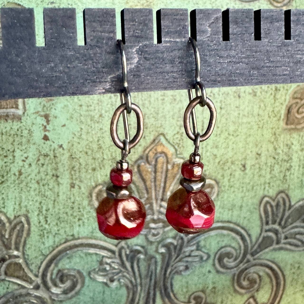 Red Bronze Dangle Earrings Baroque Cut Czech Glass Stacked