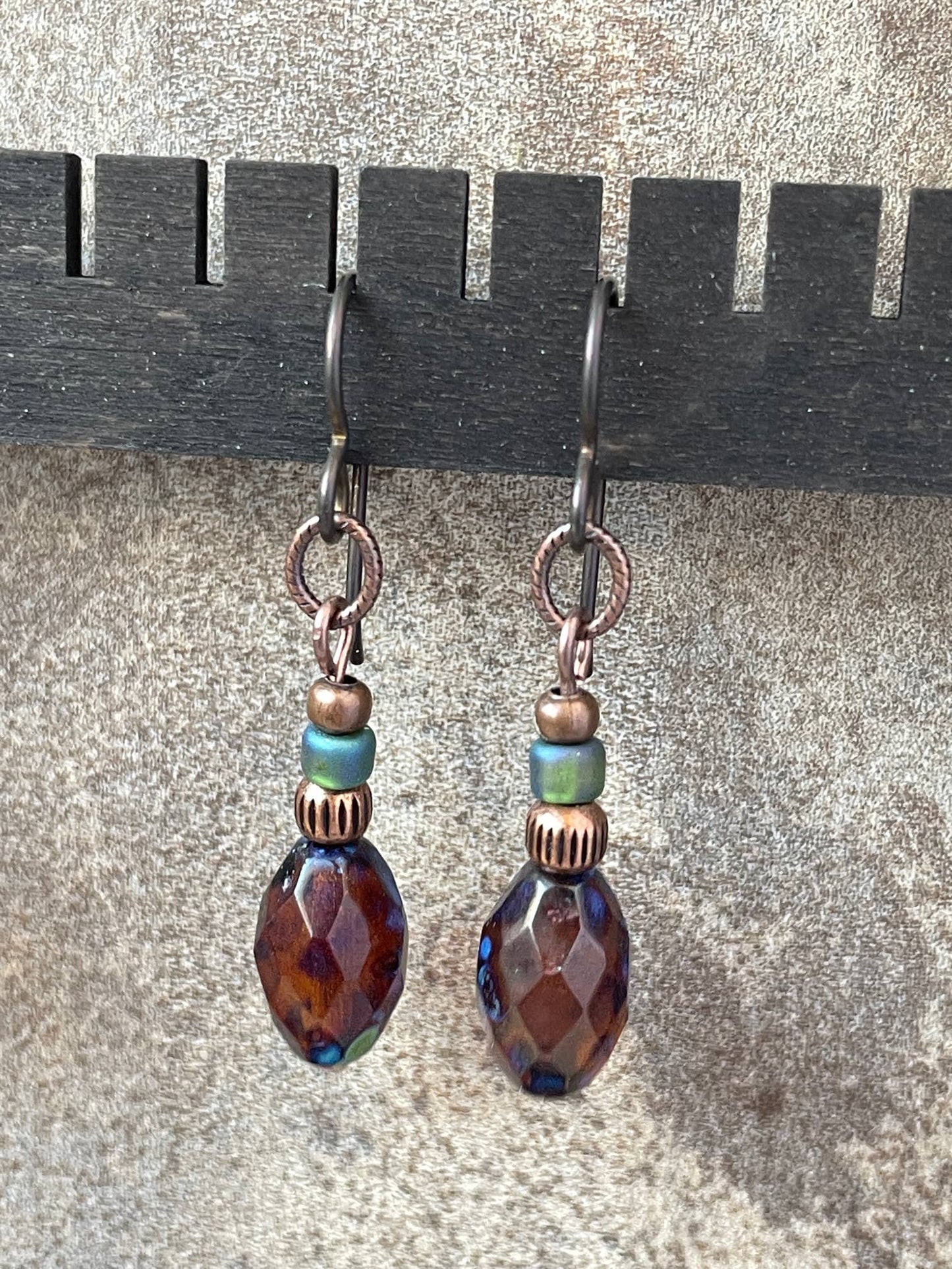 Root Beer Drop Bead Earrings Rustic Copper Aqua Niobium