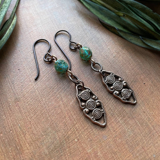 Earthy Teal Picasso Old World Filigree Earrings Niobium Wire