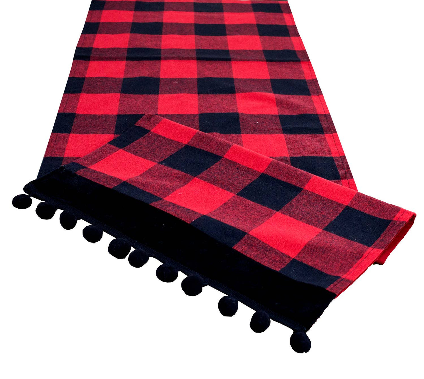 Buffalo Plaid Red Black Velvet Pom Pom Trim Table Runner