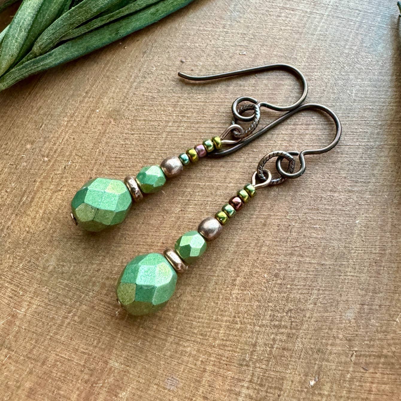 Long Dangle Earrings Fern Green Copper Glass Hypoallergenic