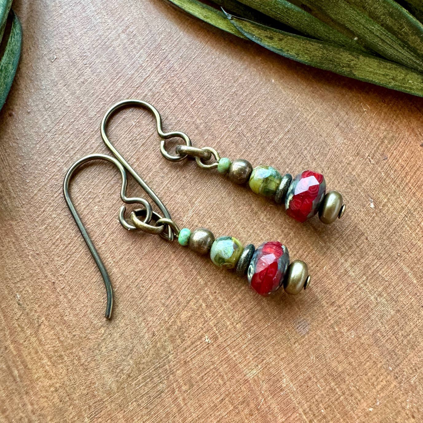 Earthy Red Earrings Green & Brass Bead Drop Rustic Jewelry