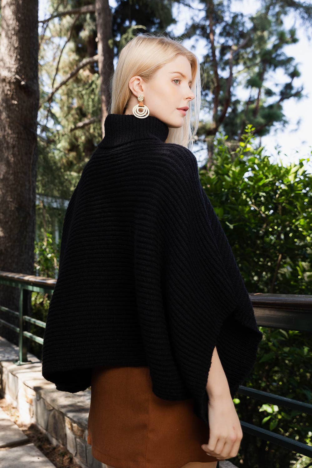 Turtleneck Ribbed Knit Poncho w/ Armholes