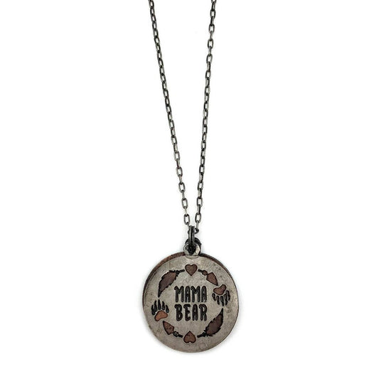 Pewter Necklace - Mama Bear Text with Paws, Leaves, Hearts