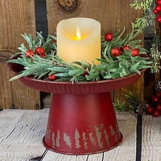 Red Distressed Pie Pan Candle Stand - Large